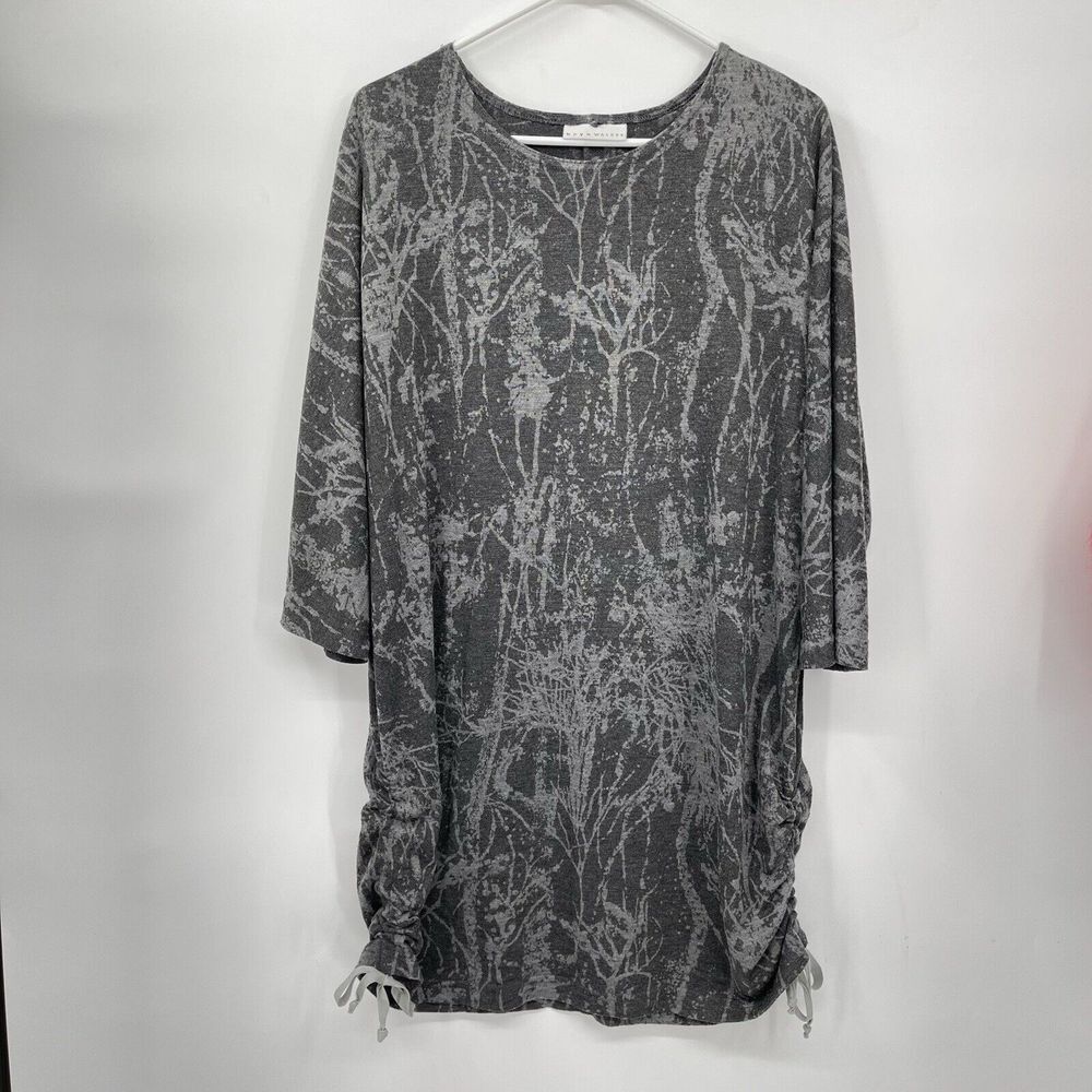 Bryn Walker L Tunic Top Womens Gray Abstract Branch Ruched Side Drawstring Hem